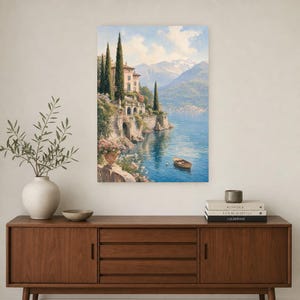 Lake Como Travel Poster | Soft Painting Italy Wall Art | Italian Lake Villa Print | Printed & Shipped image 2