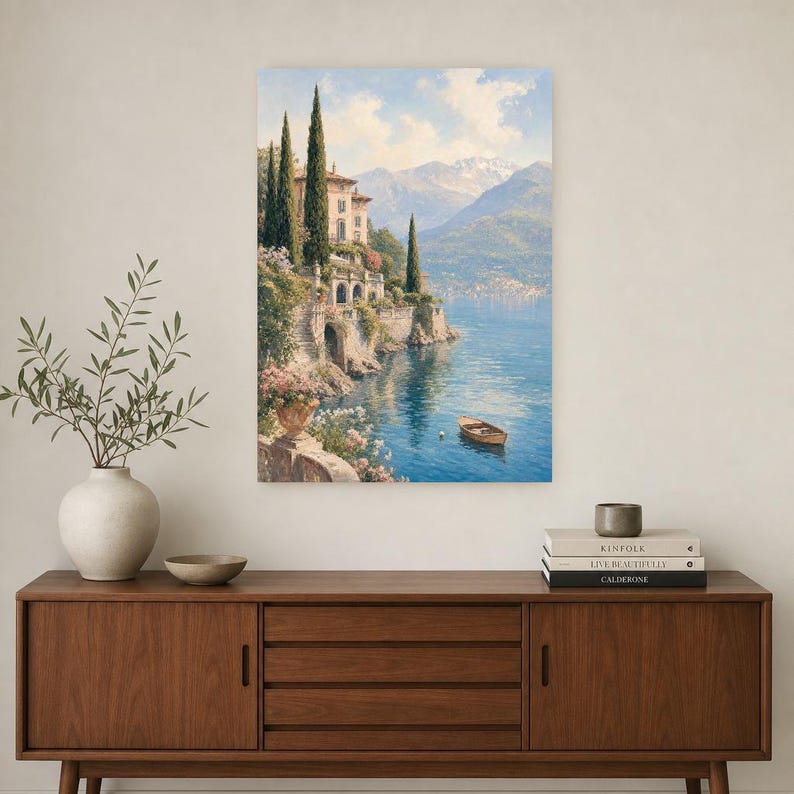 Lake Como Travel Poster | Soft Painting Italy Wall Art | Italian Lake Villa Print | Printed & Shipped image 2