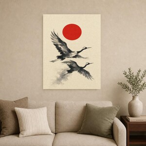 Impresión de grúa de sol rojo Arte de pared japonés | Dos grúas Sumi-e | Póster Dormitorio Wabi Sabi imagen 9