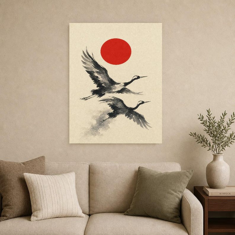 Impresión de grúa de sol rojo Arte de pared japonés | Dos grúas Sumi-e | Póster Dormitorio Wabi Sabi imagen 9