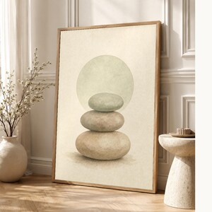 Sage Sand Japandi Wall Art Print | Neutral Gallery Wall Set | Wabi Sabi Stacked Stones Print image 1