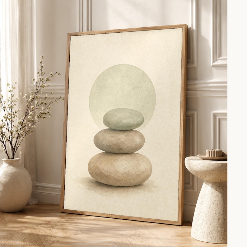 Sage Sand Japandi Wall Art Print | Neutral Gallery Wall Set | Wabi Sabi Stacked Stones Print image 1