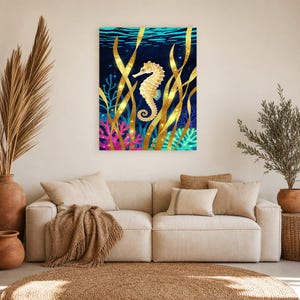 Biolumineszierendes Seepferdchen-Poster | Tiefsee-Ozean-Badezimmer-Wandkunstdruck | Dunkler Küstennachtdruck Bild 11