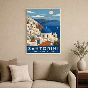 Cartel de viaje de Santorini | Arte de pared vintage de Grecia | Impresión de la Caldera del Egeo | Decoración costera azul blanca | Arte de imagen 9