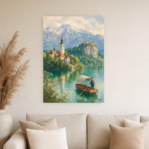 Lake Bled Travel Poster | Soft Painting Slovenia Wall Art | Alpine Island Church Print | Printed & Shipped image 4