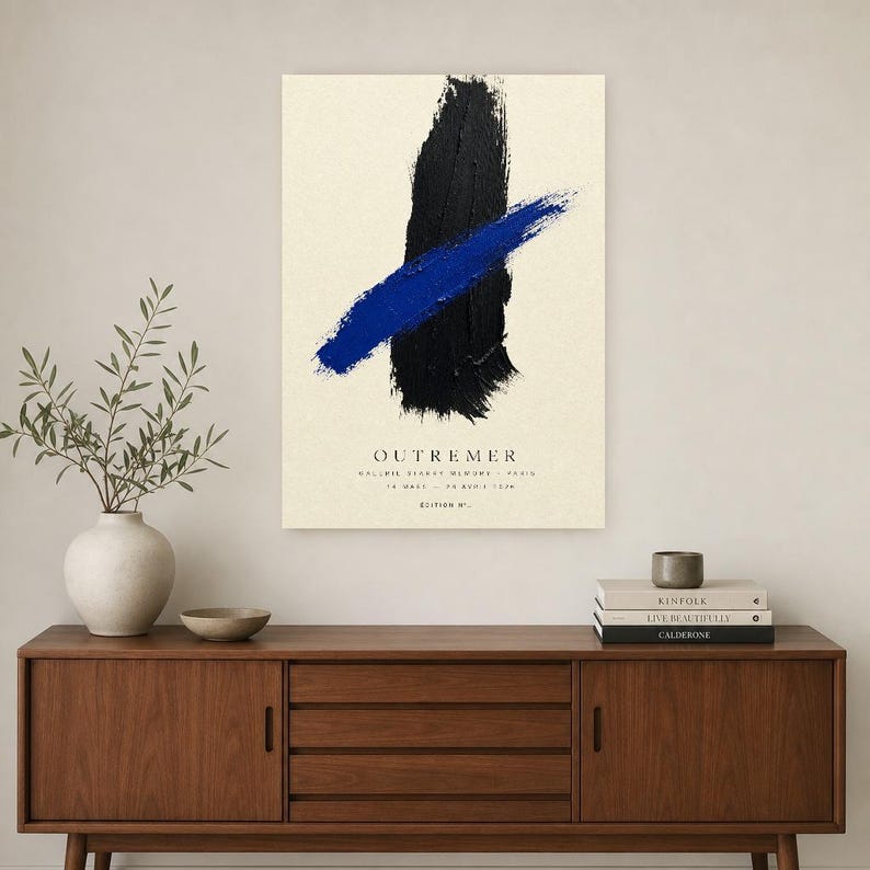 Zagranica | Abstrakcyjna sztuka ścienna | Nowoczesny plakat galeryjny | Minimalistyczny wydruk w kolorze niebieskim i czarnym | Wydruk i wysyłka zdjęcie 2