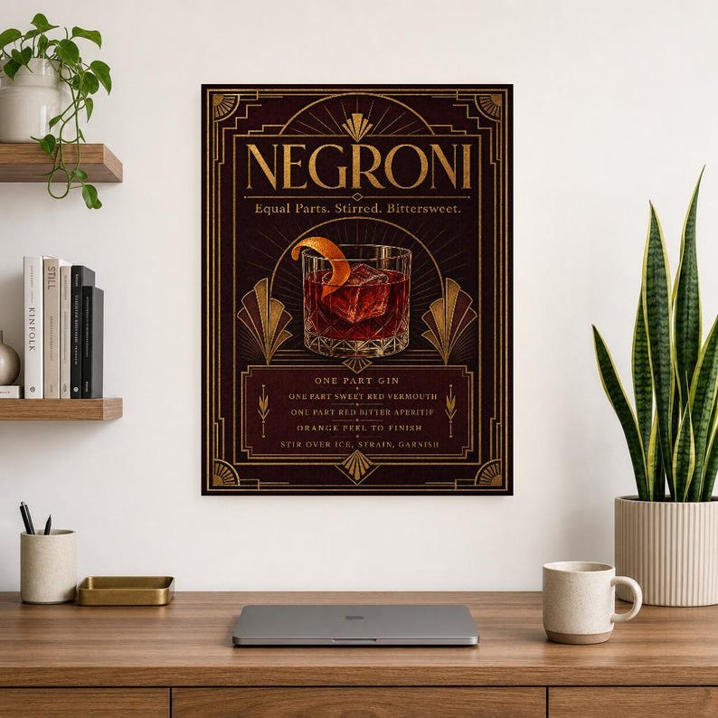 Bordeaux Art Deco Negroni Recipe Wall Art Print | Gold Cocktail Recipe Poster | Bar Cart Decor Print | Kitchen Wall Art image 8