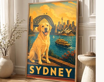 Your Dog in Sydney | Custom Pet Portrait From Photo | Personalized Dog Cat Travel Poster Gift | Vintage Wall Art