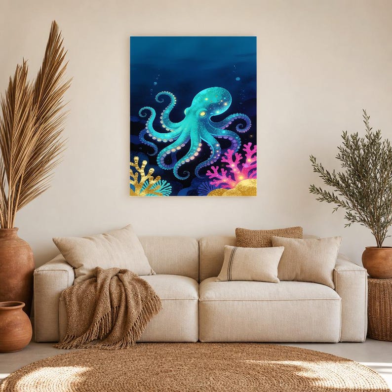 Bioluminescent Octopus Poster | Deep Sea Ocean Bathroom Wall Art Print | Dark Coastal Night Print image 11