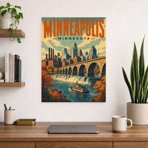 Minneapolis Travel Poster | Vintage Stone Arch Bridge Print | Minnesota Wall Art Print | Mid Century City Decor image 7