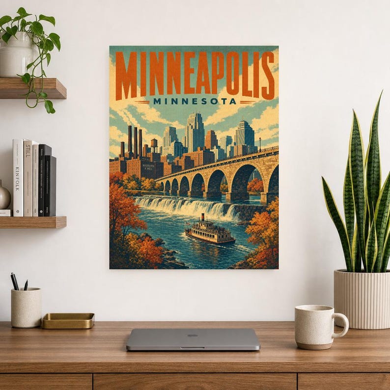 Minneapolis Travel Poster | Vintage Stone Arch Bridge Print | Minnesota Wall Art Print | Mid Century City Decor image 7