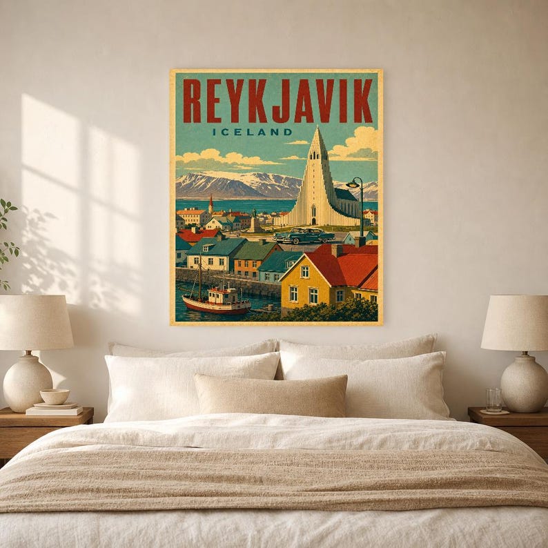 Plakat z podróży do Reykjaviku | Druk w stylu vintage z kościołem | Sztuka ścienna Islandii | Wydruk i wysyłka zdjęcie 6