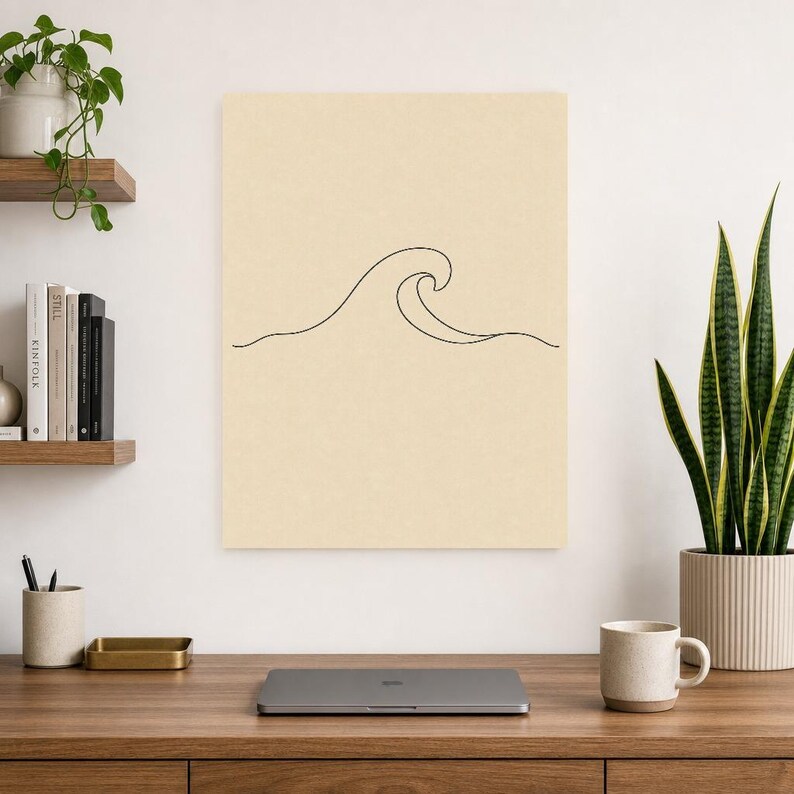 Väggkonsttryck med havsvågor på en linje | Minimalistisk linjekonsttryck | Abstrakt vågposter | Japandi beige kustdekor | Skandinavisk bild 8