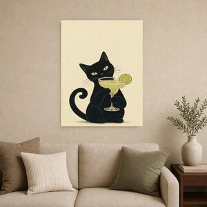 Arte de pared Margarita de gato negro | Cartel de cóctel de lima | Impresión del carrito de la barra | Decoración divertida del bar Noir Cat imagen 9