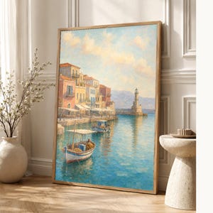 Crete Travel Poster | Soft Painting Greece Wall Art | Chania Old Harbour Coastal Print | Printed & Shipped image 1