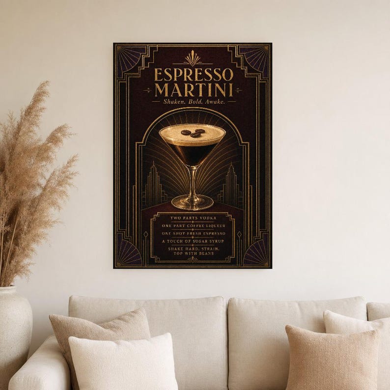 Dark Art Deco Espresso Martini Recipe Wall Art Print | Gold Cocktail Recipe Poster | Bar Cart Decor Print | Kitchen Wall Art image 4