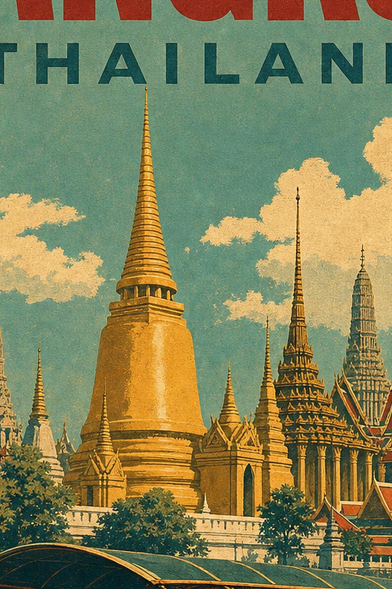 バンコク旅行ポスター｜ヴィンテージ寺院プリント｜タイのウォールアート｜印刷・発送 画像 3