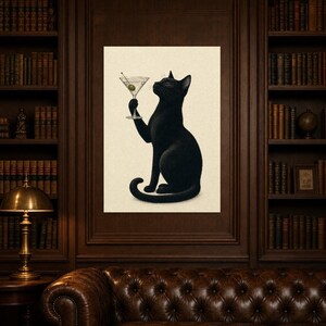 Black Cat Martini Wall Art Print | Olive Cocktail Poster | Bar Cart Print | Funny Black Cat Club Bar Decor image 5