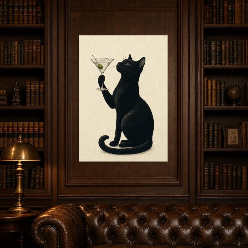 Black Cat Martini Wall Art Print | Olive Cocktail Poster | Bar Cart Print | Funny Black Cat Club Bar Decor image 5