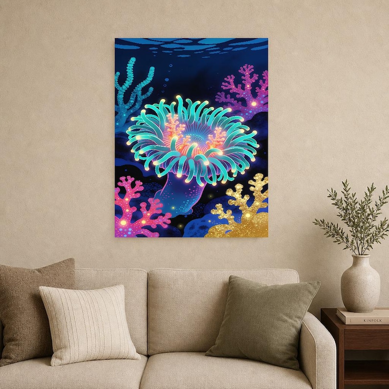 Bioluminescent Sea Anemone Poster | Deep Sea Ocean Bathroom Wall Art Print | Dark Coastal Night Print image 15
