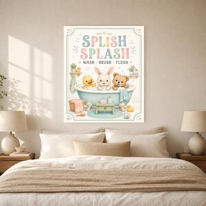 Impresión de arte de pared de baño para niños | Póster al ras del cepillo de lavado Splish Splash | Linda decoración del baño del cuarto de imagen 6