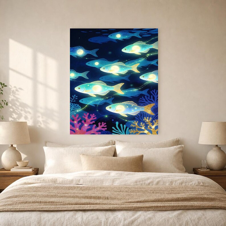 Bioluminescent Fish Shoal Poster | Deep Sea Ocean Bathroom Wall Art Print | Dark Coastal Night Print image 6