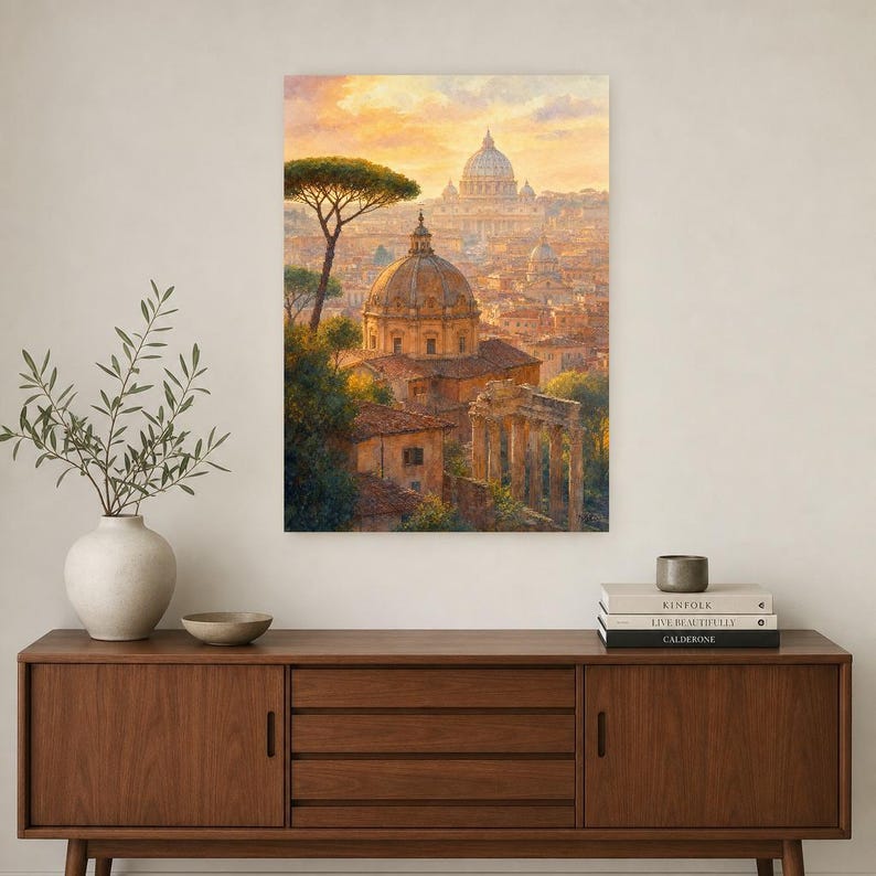 Rome Travel Poster | Soft Painting Italy Wall Art | Roman Rooftops Golden Hour Print | Printed & Shipped image 2