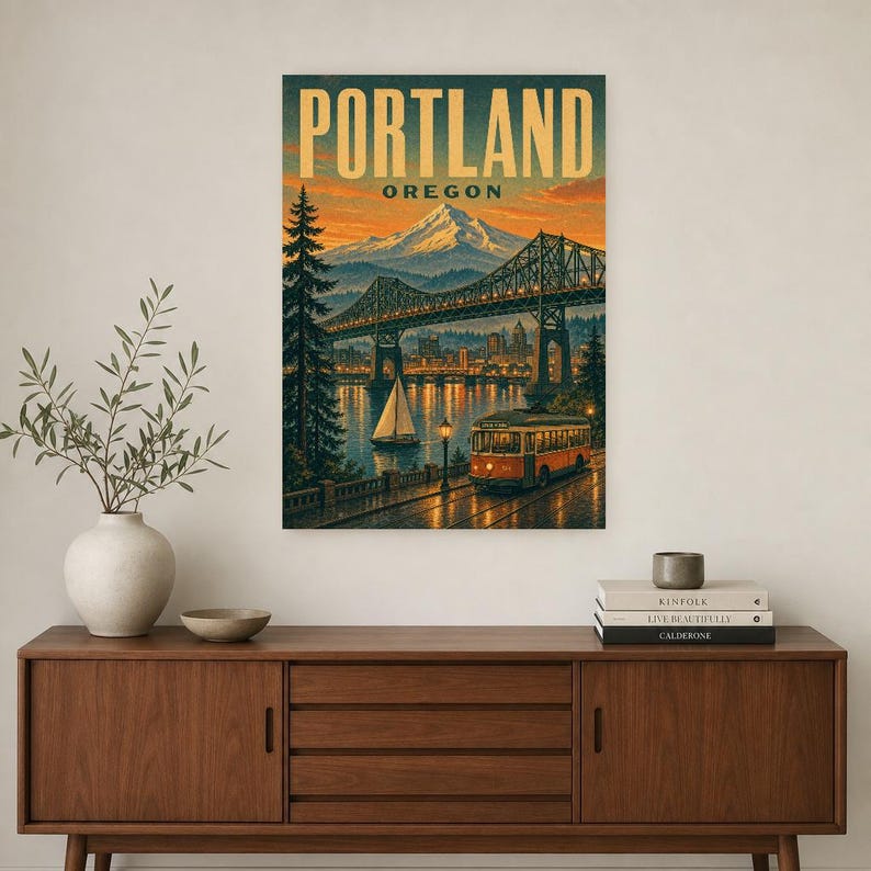 Portland Travel Poster | Vintage Mt Hood Bridge Print | Oregon Wall Art Print | Mid Century City Decor image 2
