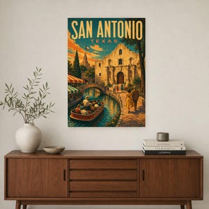 San Antonio Travel Poster | Vintage River Walk Print | Texas Wall Art Print | Mid Century City Decor image 2
