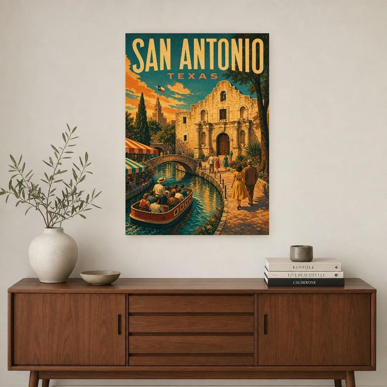 San Antonio Travel Poster | Vintage River Walk Print | Texas Wall Art Print | Mid Century City Decor image 2