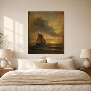 Moody Vintage Sailboat Seascape Wall Art Print | Antique Oil Painting Print | Dark Academia Coastal Decor | Tonalist Marine Poster image 6