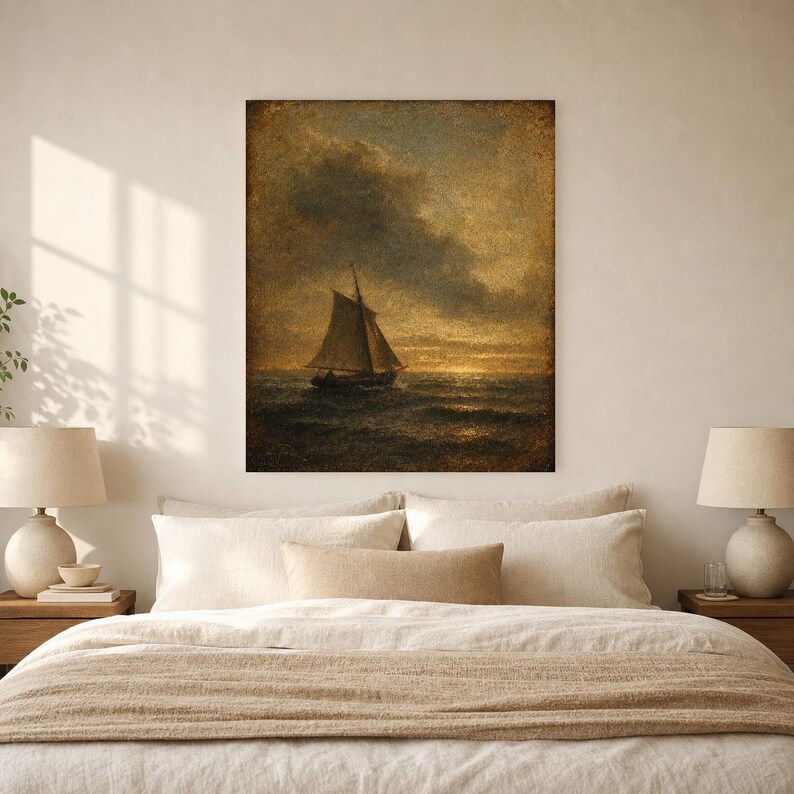 Moody Vintage Sailboat Seascape Wall Art Print | Antique Oil Painting Print | Dark Academia Coastal Decor | Tonalist Marine Poster image 6