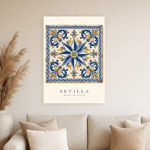 Seville Azulejo Tile Wall Art | Full Color Spanish Maiolica Poster | 8-Pointed Star Print | Andalusia Travel Decor | Spain Kitchen Gift image 4