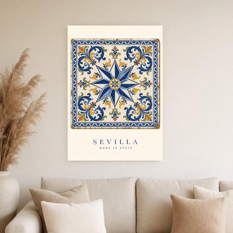 Seville Azulejo Tile Wall Art | Full Color Spanish Maiolica Poster | 8-Pointed Star Print | Andalusia Travel Decor | Spain Kitchen Gift image 4