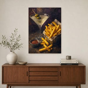 Vuile Martini frietjes kunst aan de muur | Late Night voedsel stilleven poster | Barwagen decor print | Cocktail kunst aan de muur afbeelding 2