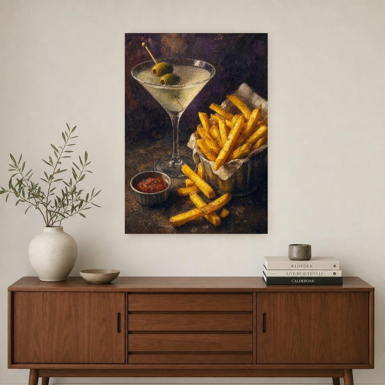 Vuile Martini frietjes kunst aan de muur | Late Night voedsel stilleven poster | Barwagen decor print | Cocktail kunst aan de muur afbeelding 2