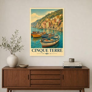 Cinque Terre Wall Art Print | Italian Fishing Boats Poster | Riviera Cove Travel Print | Vintage Dolce Vita Decor | Mediterranean Sea Art image 2