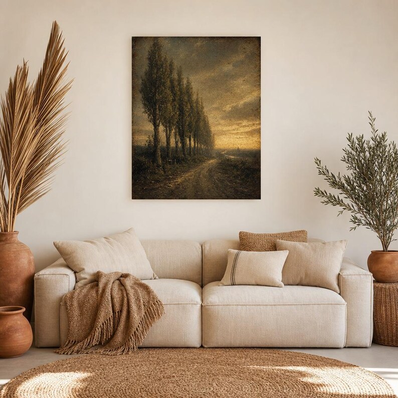Moody Country Lane Pappelbäume Wandkunstdruck | Vintage Ölgemälde Druck | Golden Horizon Tonalistisches Dekor | Antikes Wegposter Bild 8