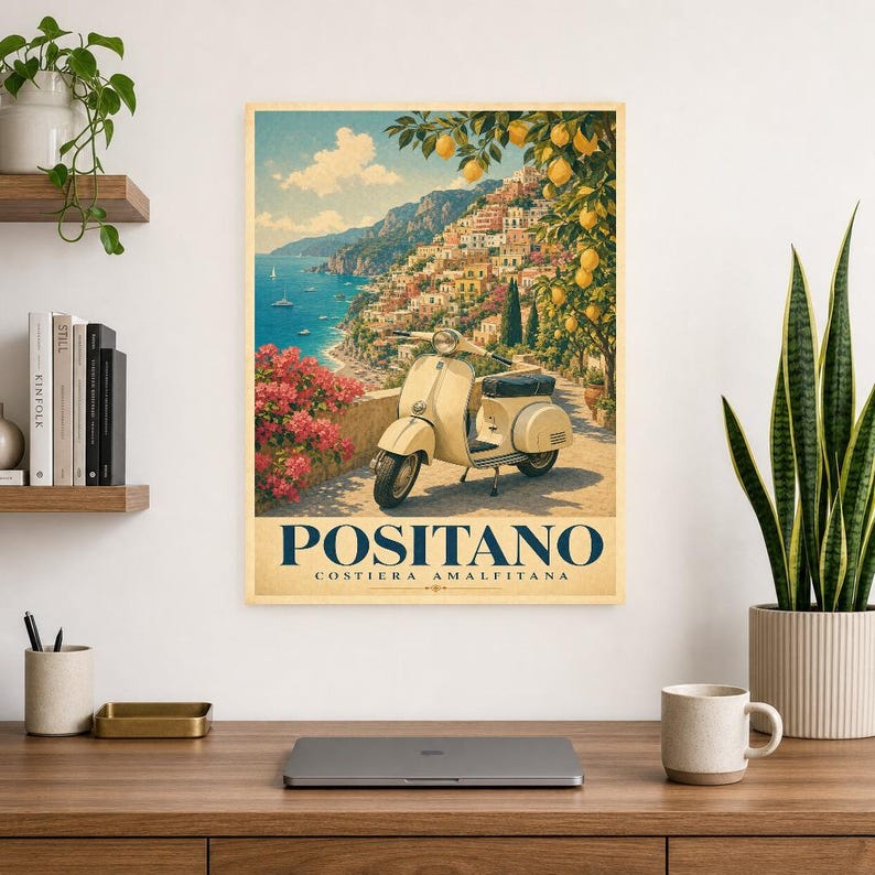 Positano Vespa Wandkunst | Italienisches Riviera-Reiseplakat | Amalfiküste Druck | Vintage Dolce Vita Roller Kunst | Mediterranes Dekor Bild 8