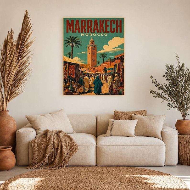 Plakat podróżniczy z Marrakeszu | Druk z targu w stylu vintage | Sztuka ścienna z Maroka | Wydruk i wysyłka zdjęcie 7