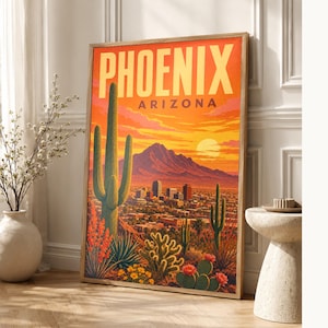 Póster de viaje de Phoenix | Lámina vintage de una puesta de sol en el desierto de Sonora | Lámina decorativa de Arizona | Decoración urbana de mediados de siglo imagen 1