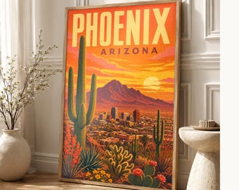 Phoenix Travel Poster | Vintage Sonoran Desert Sunset Print | Arizona Wall Art Print | Mid Century City Decor