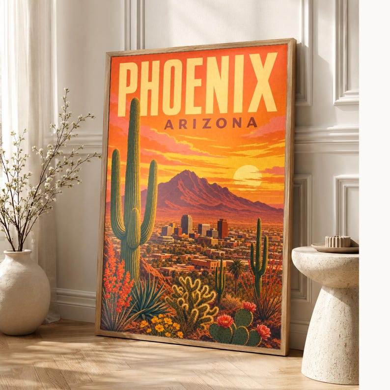 Póster de viaje de Phoenix | Lámina vintage de una puesta de sol en el desierto de Sonora | Lámina decorativa de Arizona | Decoración urbana de mediados de siglo imagen 1