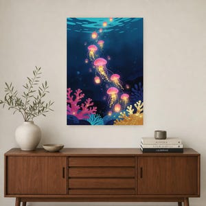 Bioluminescent Jellyfish Poster | Deep Sea Ocean Bathroom Wall Art Print | Dark Coastal Night Print image 3