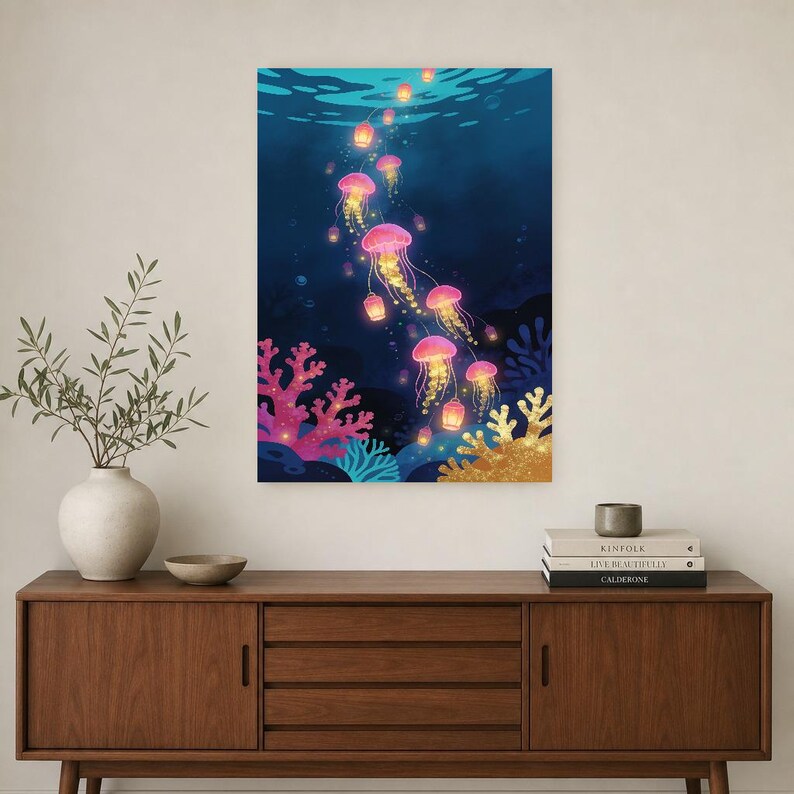 Bioluminescent Jellyfish Poster | Deep Sea Ocean Bathroom Wall Art Print | Dark Coastal Night Print image 3
