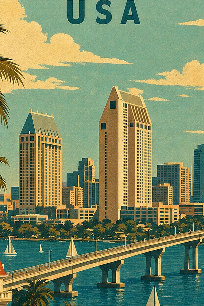 San Diego Travel Poster | Vintage 1950s Bay Print | Retro California Wall Art | Mid Century City Decor image 3