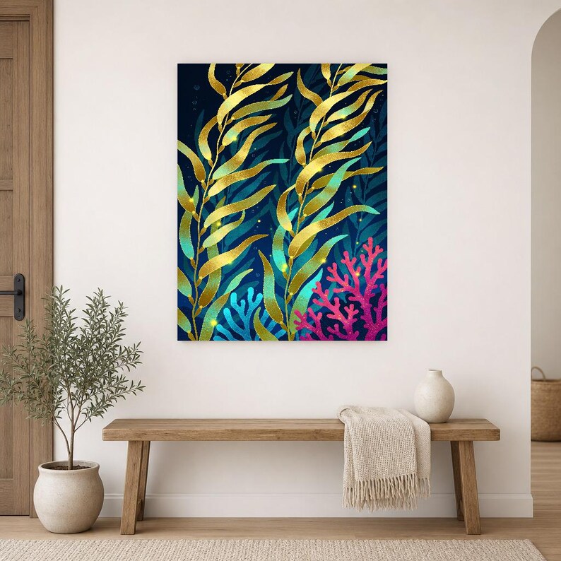 Bioluminescent Kelp Forest Poster | Deep Sea Ocean Bathroom Wall Art Print | Dark Coastal Night Print image 14