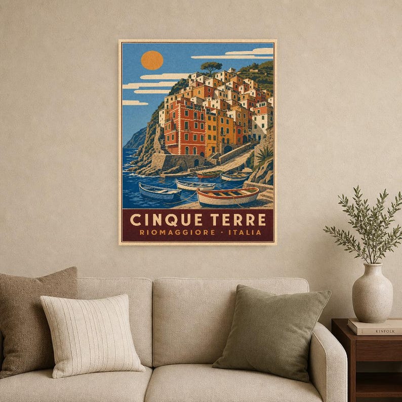 Cinque Terre Travel Poster | Riomaggiore Vintage Wall Art Print | Italian Coast Print | Italian Riviera Decor | Colorful Village Art image 9