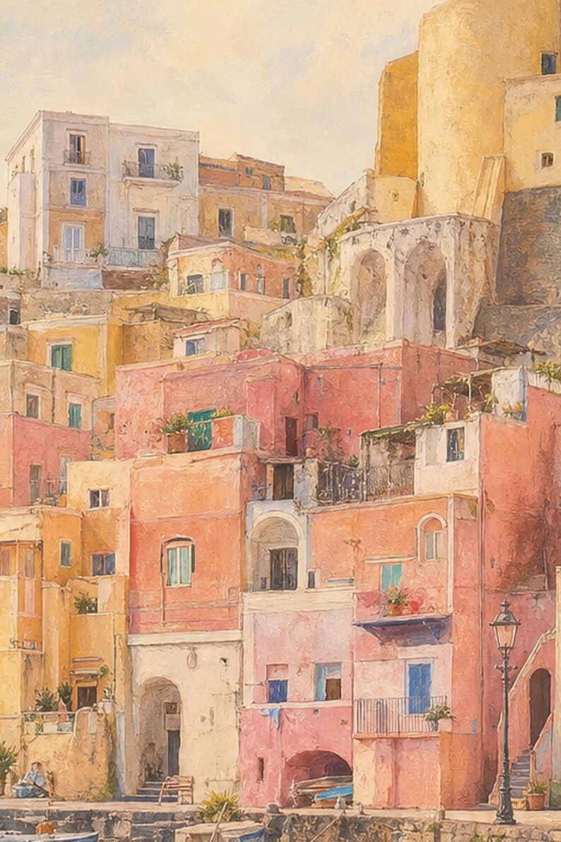 Procida Travel Poster | Soft Painting Italy Wall Art | Colorful Marina Coastal Print | Printed & Shipped image 3