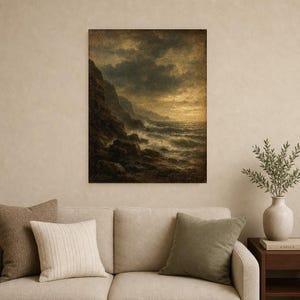 Moody Stormy Rocky Coast Wall Art Print | Vintage Oil Painting Print | Dramatic Seascape Tonalist Decor | Antique Cliff Poster image 9